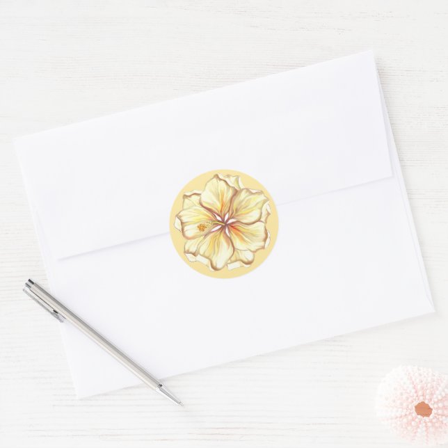 Hibiscus & lace YELLOW Classic Round Sticker (Envelope)