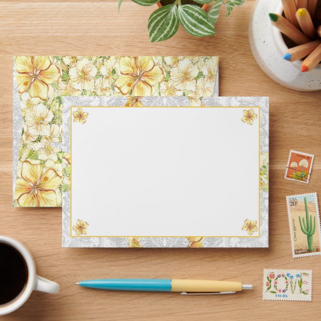 Hibiscus & lace YELLOW Envelope (Desk)