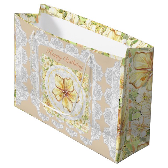 Hibiscus & lace YELLOW Large Gift Bag (Front Angled)