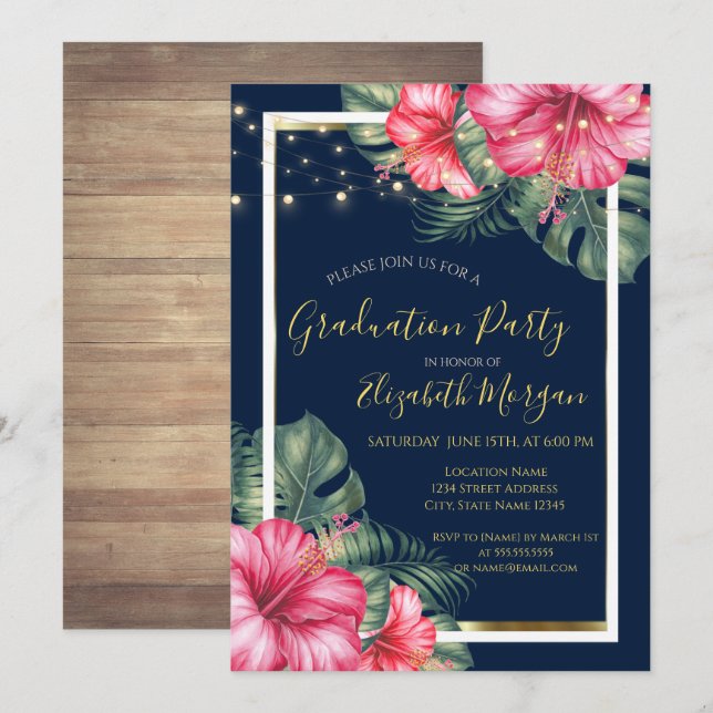 Hibiscus ,Lights, Wood, Frame Graduation Party Invitation (Front/Back)