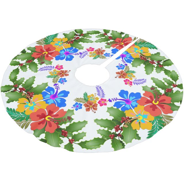 Hibiscus n Holly Tropical Design Brushed Polyester Tree Skirt (Angled)