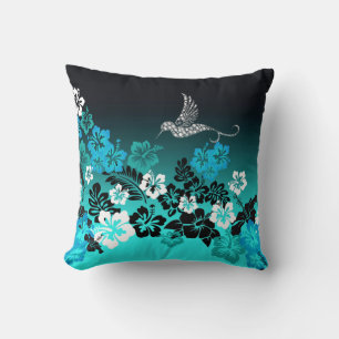 Hibiscus on Turquoise with Hummingbird Compact Mi Throw Pillow