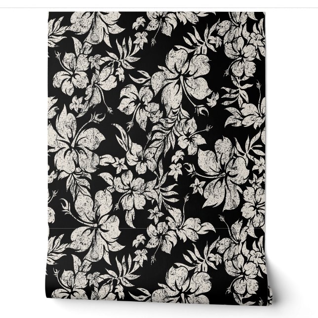 Hibiscus Pareau Distressed Hawaiian - Black Wallpaper (Unrolling)