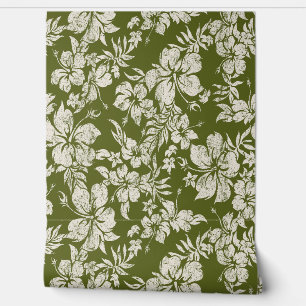 Hibiscus Pareau Distressed Hawaiian - Dark Olive Wallpaper