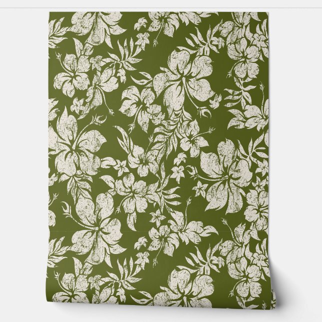 Hibiscus Pareau Distressed Hawaiian - Dark Olive Wallpaper (Unrolling)
