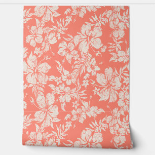 Hibiscus Pareau Distressed Hawaiian - Living Coral Wallpaper
