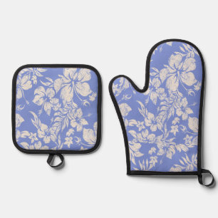  Hibiscus Pareau Distressed Hawaiian Periwinkle Oven Mitt & Pot Holder Set