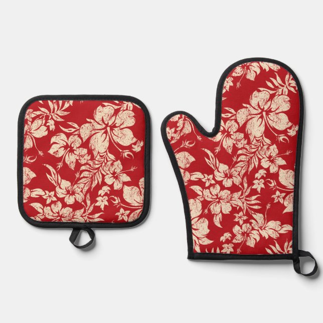  Hibiscus Pareau Distressed Hawaiian Red Oven Mitt & Pot Holder Set (Front)