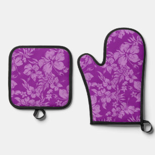  Hibiscus Pareau Distressed Hawaiian Violet Oven Mitt & Pot Holder Set
