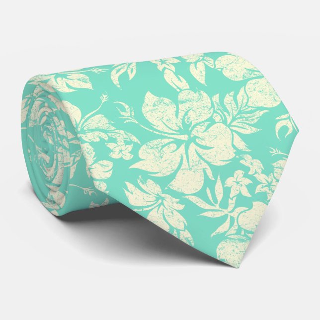 Hibiscus Pareau Hawaiian Floral Mint Green Tie (Rolled)