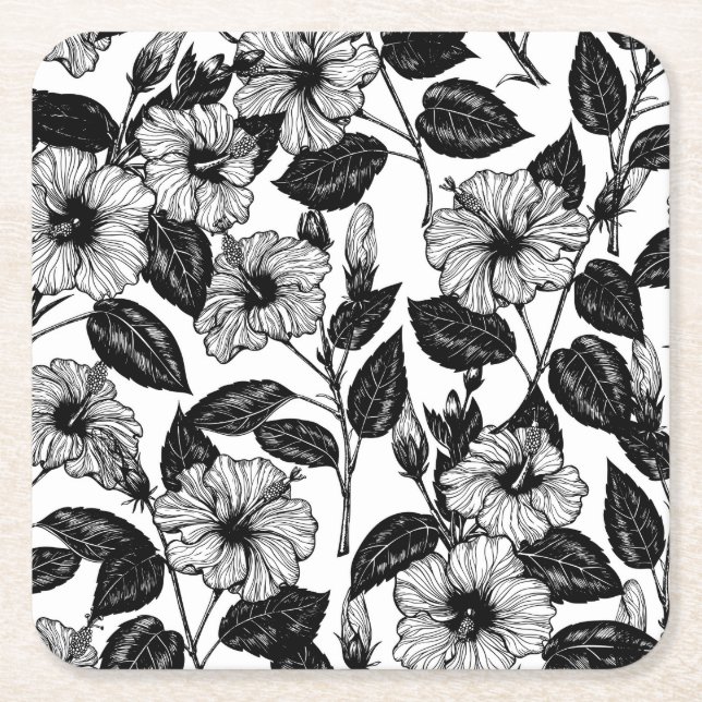 Hibiscus pattern square paper coaster (Front)