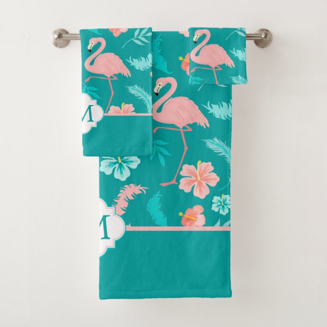 Hibiscus Pink Flamingo Tropical Monogram Bath Towel Set (Insitu)