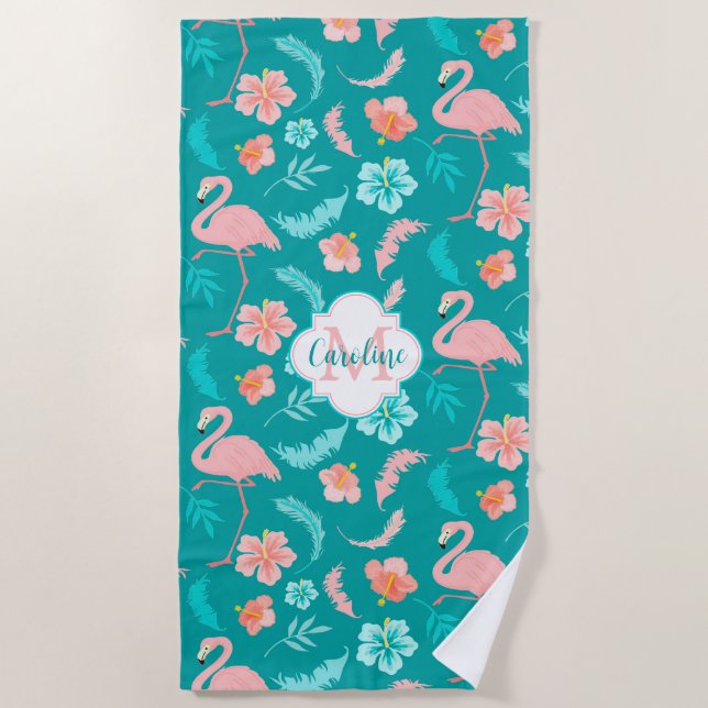 Hibiscus Pink Flamingo Tropical Pattern Beach Towel (Front)