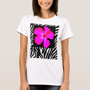 Hibiscus rose chaud sur Zebra Imprimer t-shirt