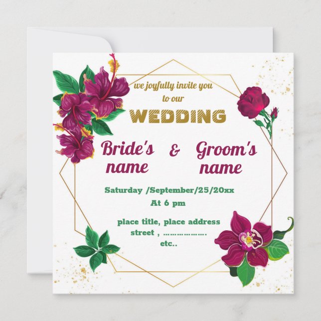 hibiscus,rose flowers geometric wedding invitation (Front)