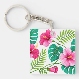 Hibiscus rose tropical et feuilles de Monstera