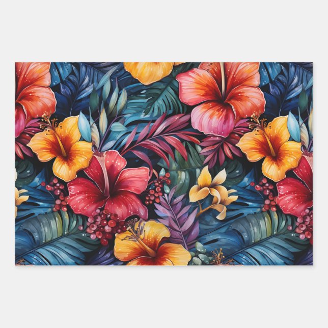 Hibiscus Serenade: Tropical Leaves Wrapping Paper Sheet (Front)