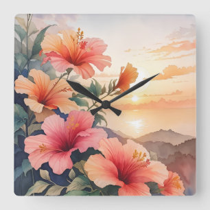 Hibiscus Square Wall Clock