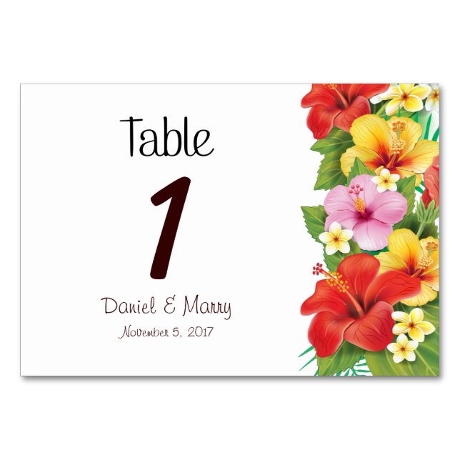 Hibiscus Tropical Beach Wedding Table Card (Front)