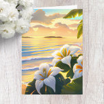 Hibiscus Tropical Birthday Card<br><div class="desc">Tropical birthday card with a spectacular sunset,  palm trees,  hibiscus flowers,  and ocean waves. Personalize with your own saying if you would like.</div>