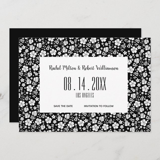 Hibiscus Tropical Black and White Wedding Save The Date (Front/Back)