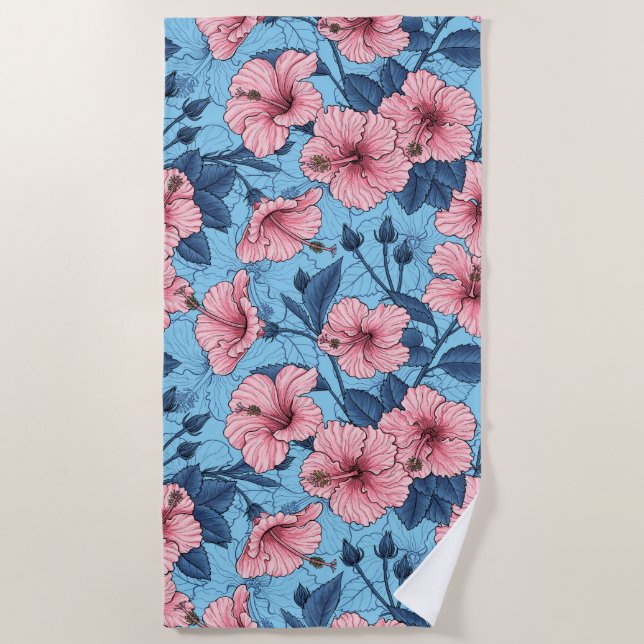 Hibiscus Tropical Floral Pattern Beach Towel (Front)