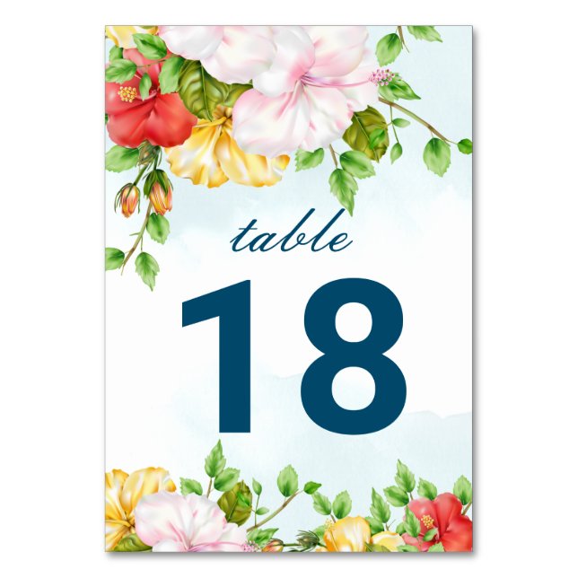 Hibiscus Tropical Floral Wedding Table Number (Front)