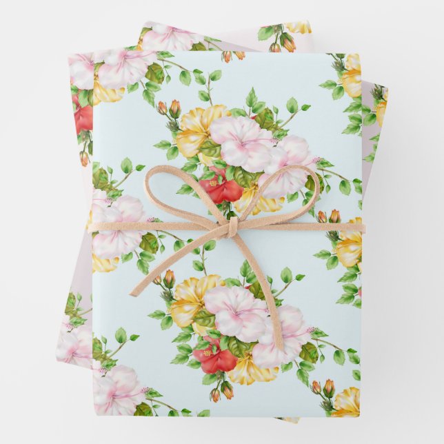 Hibiscus Tropical Floral Wedding Wrapping Paper Sheet (In situ)