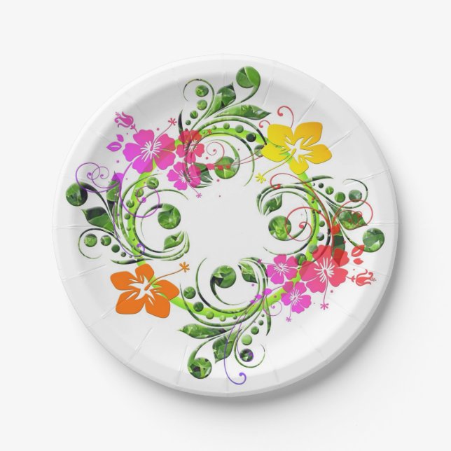 Hibiscus tropical floral wreath elegant hawaiian  paper plate (Front)