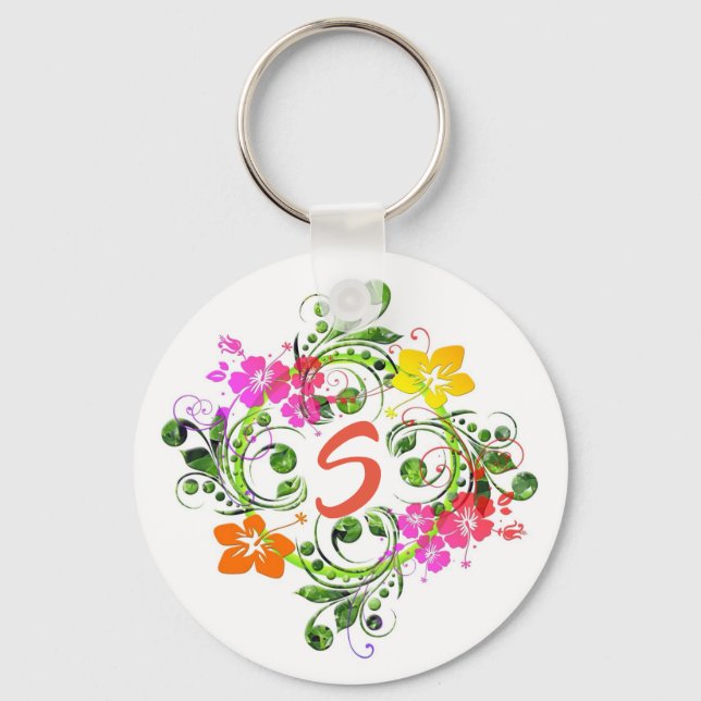 Hibiscus tropical floral wreath white green pink keychain (Front)