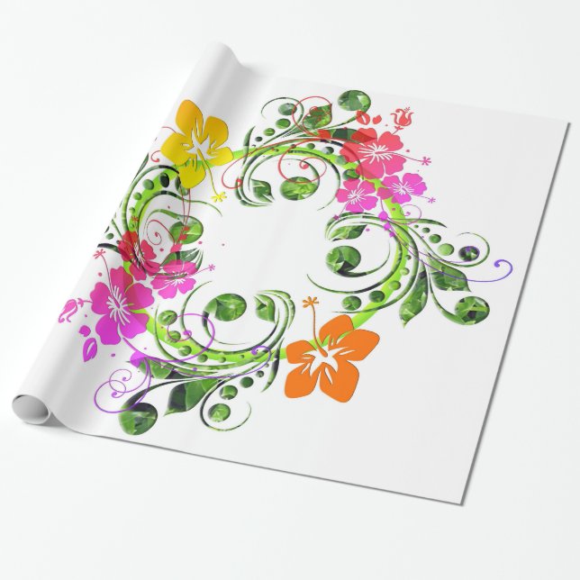 Hibiscus tropical flower wreath wrapping paper (Unrolled)