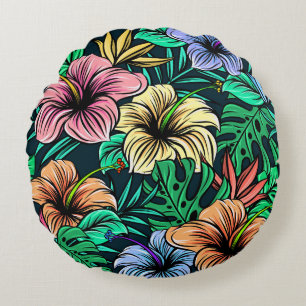 Hibiscus Tropical Foliage Turquoise Blue green and Round Pillow
