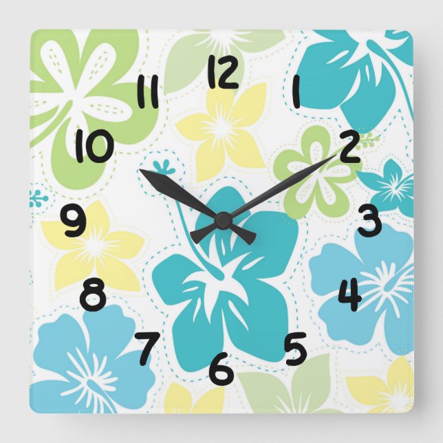 Hibiscus tropical hawaiian flowers floral decor square wall clock (Front)