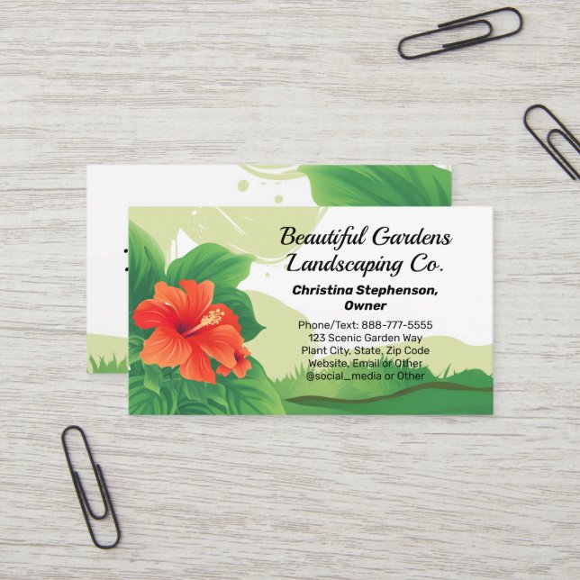 Hibiscus Tropical Landscape Lawn Care Landscaper Business Card (Front/Back In Situ)
