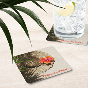 Hibiscus Tropical Vibes Straw Hat Square Paper Coaster