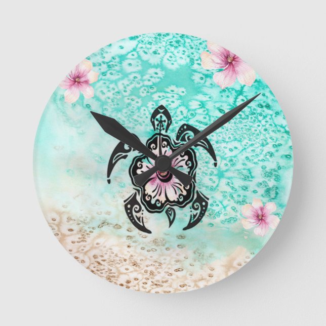 Hibiscus Turtle Round Clock (Front)