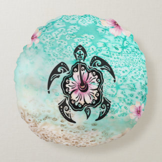 Hibiscus Turtle Round Pillow