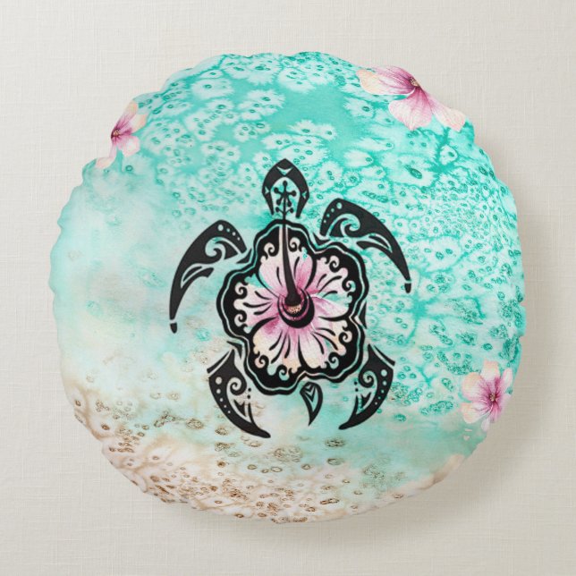 Hibiscus Turtle Round Pillow (Front)