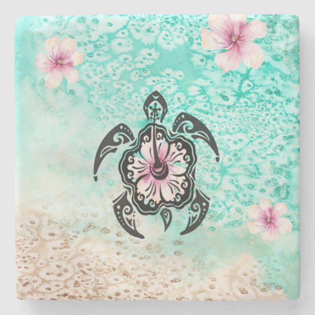 Hibiscus Turtle Stone Coaster (Front)
