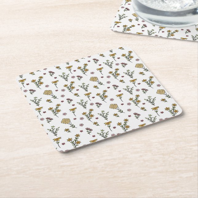 Hibiscus Watercolor Botanical Blooming Seamless Square Paper Coaster (Angled)