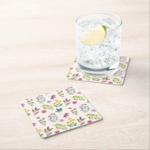 Hibiscus Watercolor Botanical Blooming Seamless Square Paper Coaster