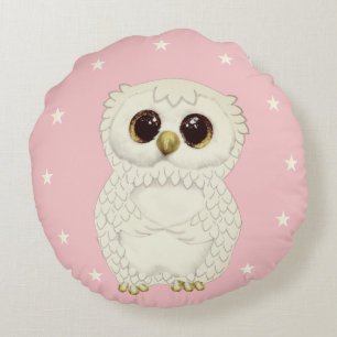 Hibou blanc et étoiles sur coussin rond rose clair