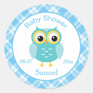 Hibou bleu, autocollant checkered de baby shower