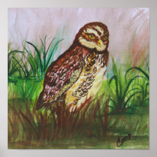 Hibou dans la nature aquarelle papier peint déco a