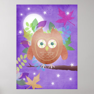 hibou en papier - violet - affiche