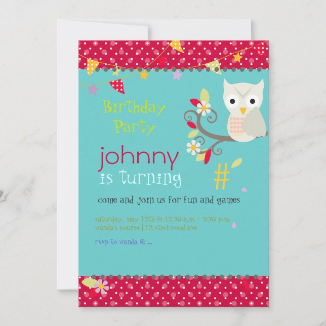 Hibou, invitations à la fête d'anniversaire (Devant)