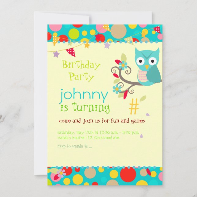 Hibou, invitations à la fête d'anniversaire/arrièr (Devant)