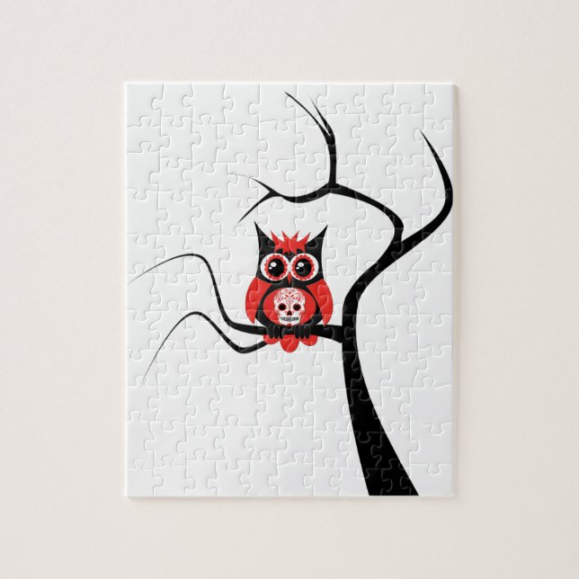 Hibou rouge de crâne de sucre dans le puzzle (Vertical)