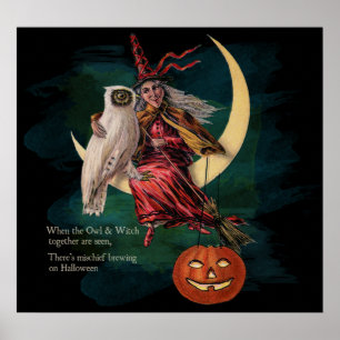 Hibou vintage de Halloween et affiche de sorcière