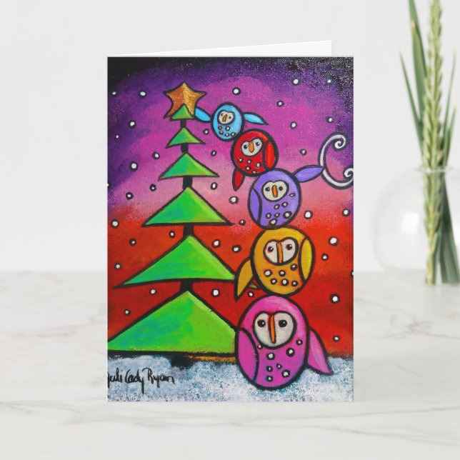 Hiboux et carte de Noël à feuillage persistant (Devant)
